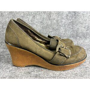Vintage Lower East Side Wedge Heels Women's 9.5 Green Leather Buckle Mary Jane